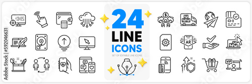 Icons set of Internet, Contactless payment and Cursor line icons pack for app with Health app, Paper plane, Seo thin outline icon. Augmented reality, File management. Design with 3d stars. Vector