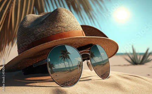 Summer vacation background concept   beach accessories hat and sunglasses on sandy tropical beach