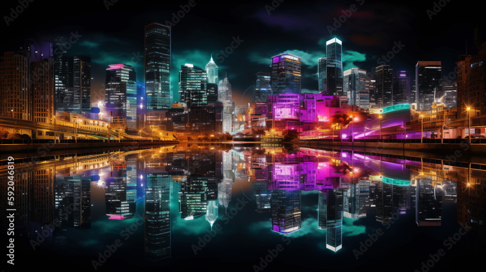 Electric Nights' Vibrant Neon Cityscape, Brimming with Energy and Movement, Captured with Precision and Artistry, to Bring the Thrilling Energy of the City Into Your Home or Workspace. Generative AI