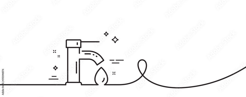 Tap water line icon. Continuous one line with curl. Faucet with aqua drop sign. Sanitary engineering symbol. Tap water single outline ribbon. Loop curve pattern. Vector Tap water line icon. Continuous one line with curl. Faucet with aqua drop sign. Sanitary engineering symbol. Tap water single outline ribbon. Loop curve pattern. Vector