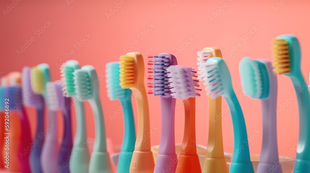 Kids toothbrushes of different colors on a pink background. Generative Ai