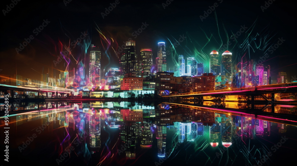 Electric Nights' Vibrant Neon Cityscape, Brimming with Energy and Movement, Captured with Precision and Artistry, to Bring the Thrilling Energy of the City Into Your Home or Workspace. Generative AI