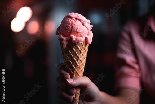 Pink ice cream in hand generated with AI tools