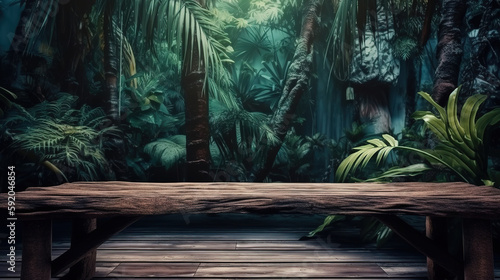 Rustic wooden table against the backdrop of tropical plants, palms. Generative Ai © MdMaruf