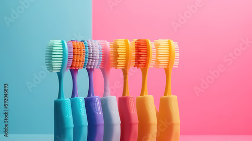 Kids toothbrushes of different colors on a pink background. Generative Ai