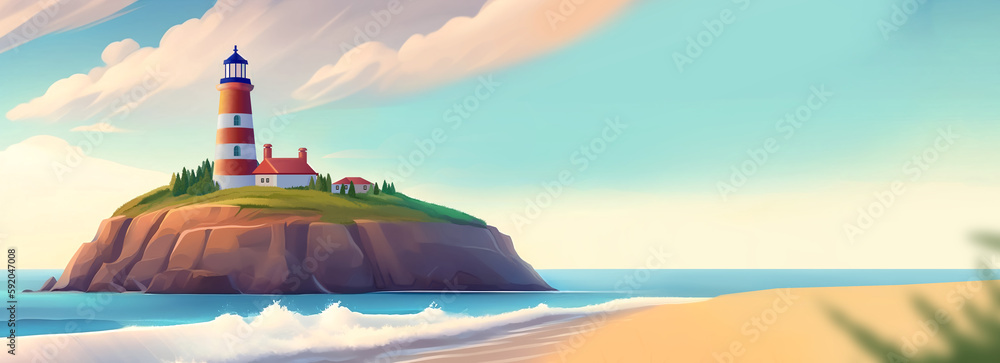 A lighthouse on the green island in the sea, sunrise, cartoon landscape, banner with a nature backround