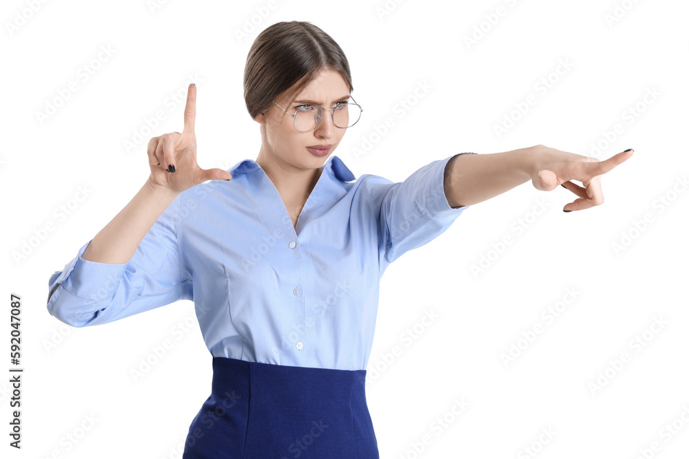 Young businesswoman showing loser gesture and pointing at something on white background Young businesswoman showing loser gesture and pointing at something on white background