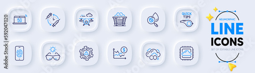 Tutorials, Sunglasses and 5g notebook line icons for web app. Pack of Cloud computing, Drone, Dollar rate pictogram icons. Vaccination schedule, Water analysis, Coronavirus signs. Vector