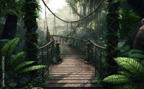 Jungle rope bridge hanging in tropical rainforest  rainforest with deep jungle  lush green foliage  Generative AI