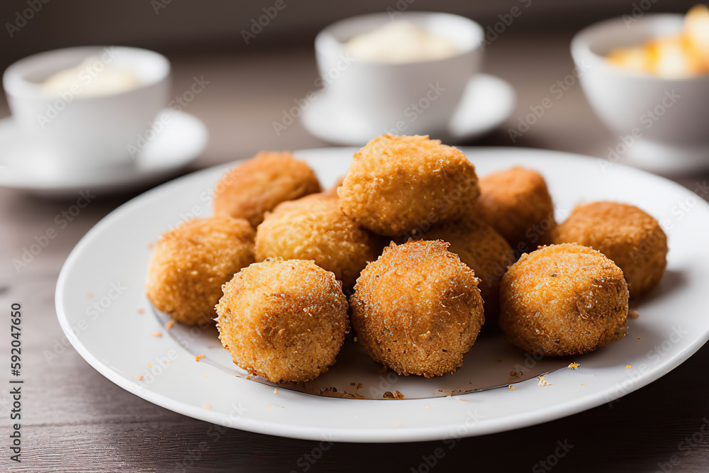 A white plate covered with Croquetas Typical Spanish fried food next to a plate of sauce