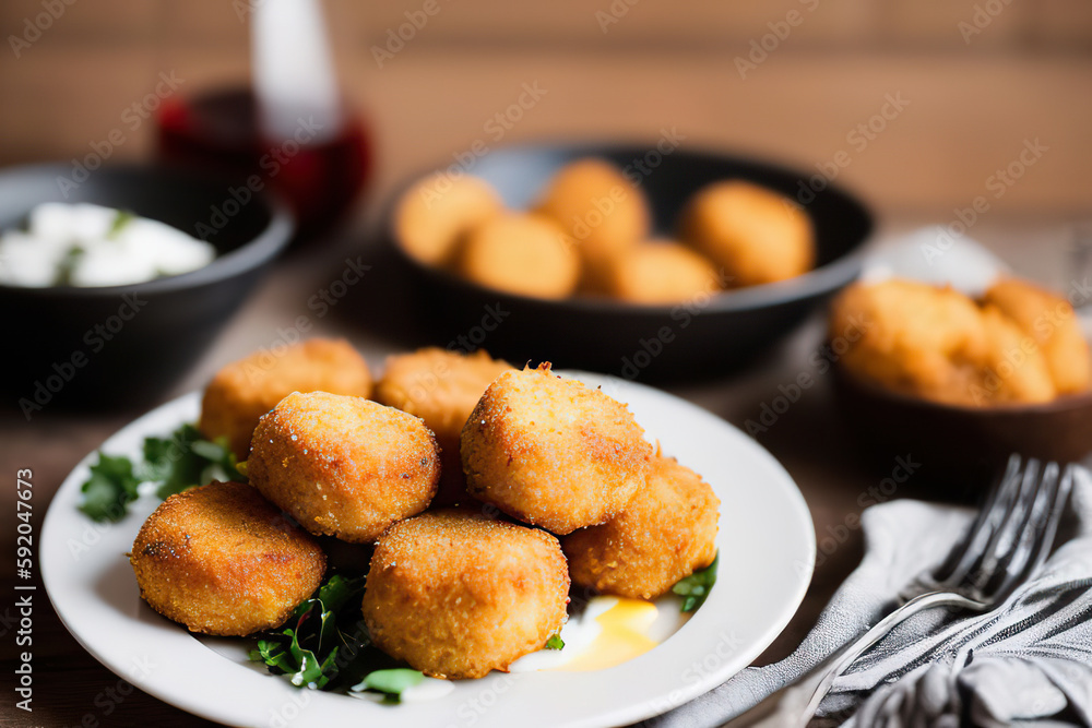 Croquetas Typical Spanish fried food served with sauce on a white plate Croquetas Typical Spanish fried food served with sauce on a white plate
