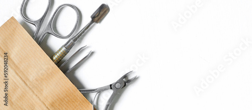 Pedicure,podologist.Tools for pedicure on a white background,foot care,treatment in a medical spa salon.