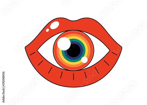 Retro groovy opened mouth with rainbow color eye. Hippy glossy red open lips and iridescent pupil. Funky female lip with lipstick and floret. Crazy vintage hippie sticker. Trendy y2k pop art eps patch