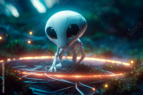 Alien with big eyes and a tiny body on a spaceship platform in the jungle. Generative AI