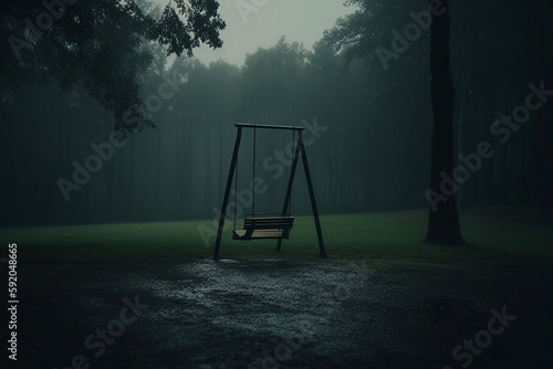 lone one swinging on a swing it rained cinematic Generative AI