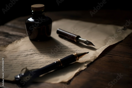 a piece of paper and a leaked fountain pen on the table Generative AI