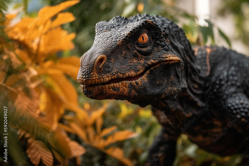 black trex orange eyes roaming the foliage Generative AI black trex orange eyes roaming the foliage Generative AI