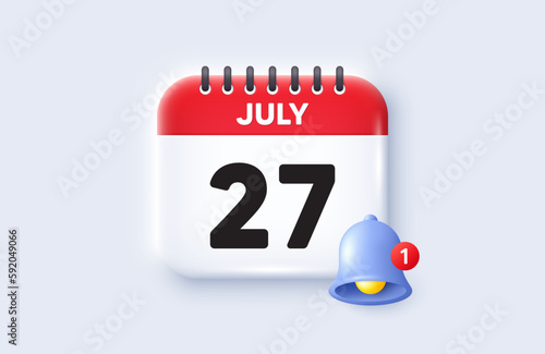 27th day of the month icon. Calendar date 3d icon. Event schedule date. Meeting appointment time. 27th day of July month. Calendar event reminder date. Vector