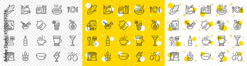 Outline Corn, Martini glass and Food delivery line icons pack for web with Market, Latte, Coffee cup line icon. Cooking whisk, Grill pan, Cutting board pictogram icon. Food, Water drop. Vector