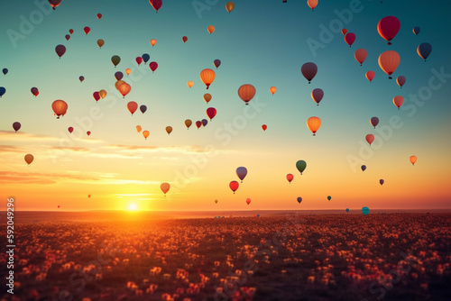colorful flying balloons at sunset Generative AI