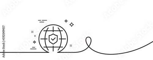 Global insurance line icon. Continuous one line with curl. Travel risk coverage sign. Policyholder protection symbol. Global insurance single outline ribbon. Loop curve pattern. Vector