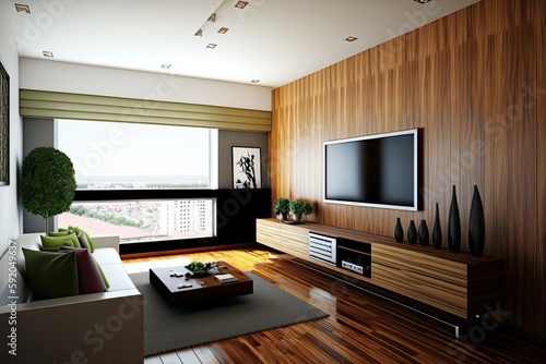 modern living room with a sleek flat screen TV as the focal point. Generative AI