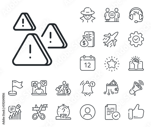 Important warnings sign. Salaryman, gender equality and alert bell outline icons. Attention line icon. Danger warn symbol. Attention line sign. Spy or profile placeholder icon. Vector