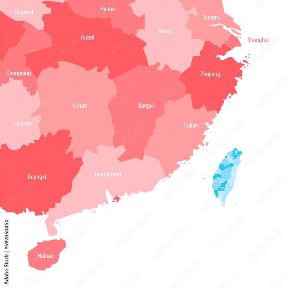 Political map of Taiwan and China focused on Taiwan and the nearest ...