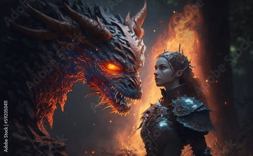 Red dragon breathing fire, girl fights the fire dragon in the forest