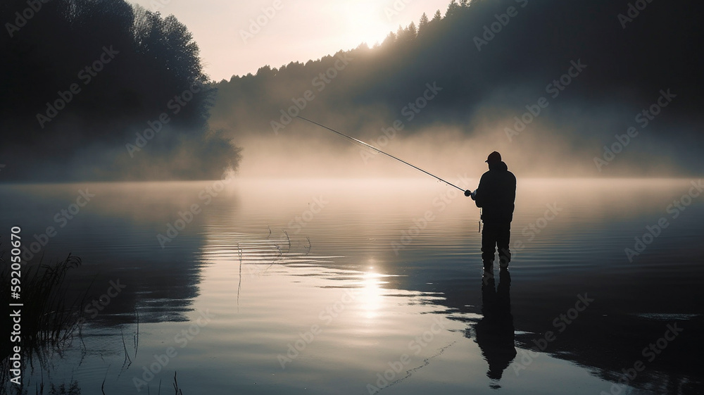 fisherman catches on the lake. Generative AI,