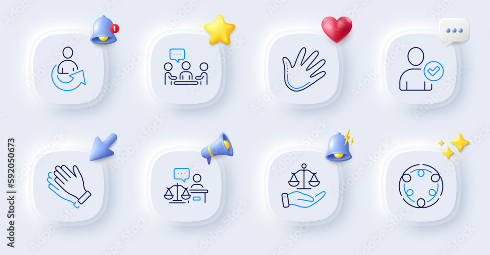 Share, Justice scales and Inclusion line icons. Buttons with 3d bell, chat speech, cursor. Pack of Clapping hands, Court judge, People chatting icon. Identity confirmed, Hand pictogram. Vector Share, Justice scales and Inclusion line icons. Buttons with 3d bell, chat speech, cursor. Pack of Clapping hands, Court judge, People chatting icon. Identity confirmed, Hand pictogram. Vector