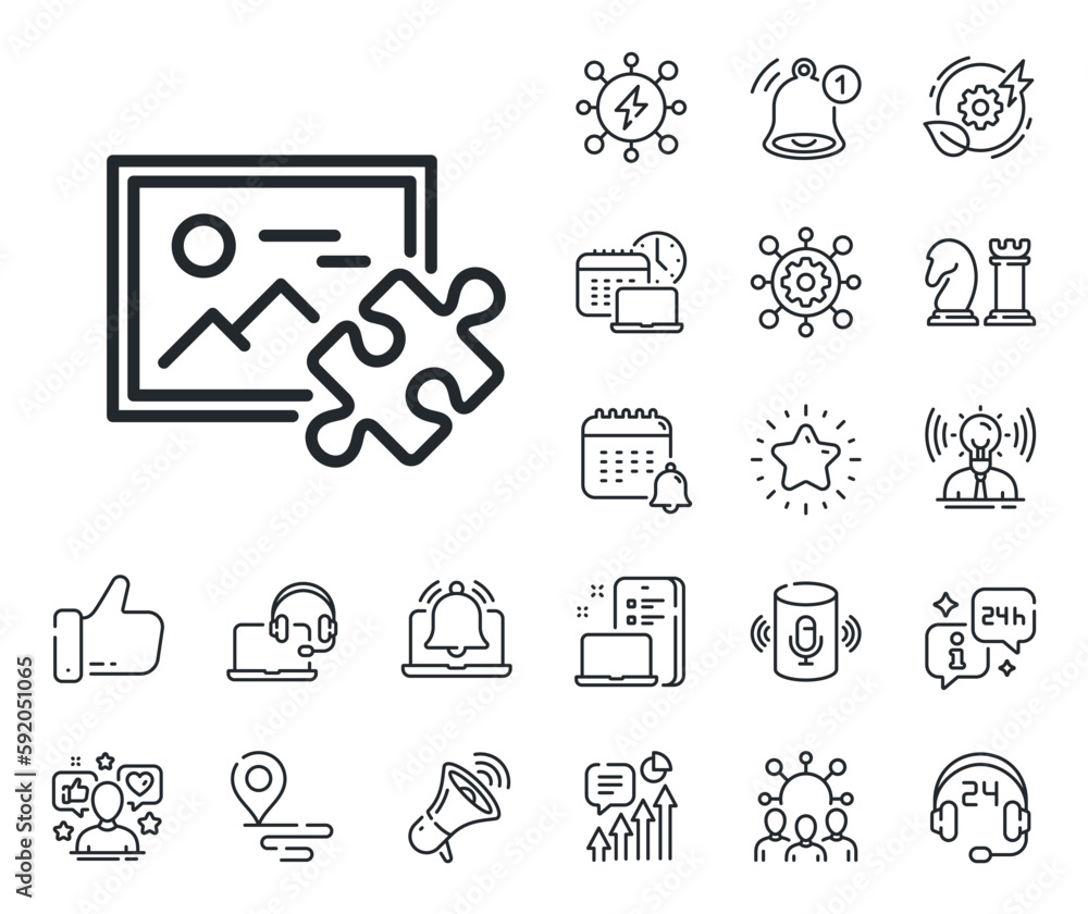 Jigsaw piece with photo sign. Place location, technology and smart speaker outline icons. Puzzle image line icon. Business challenge symbol. Puzzle image line sign. Vector