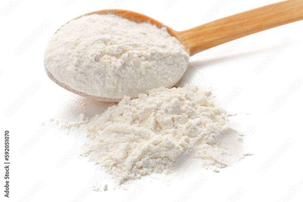 Wooden spoon with wheat flour isolated on white background, closeup Wooden spoon with wheat flour isolated on white background, closeup