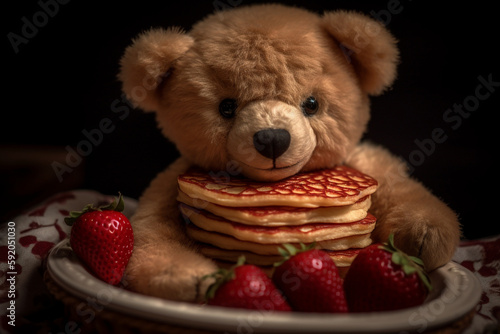 Creative kids dinner. Teddy bear hugging pancakes. strawberries in the plate. High quality photo