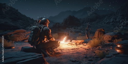 Soldier sitting near campfire, AI generative