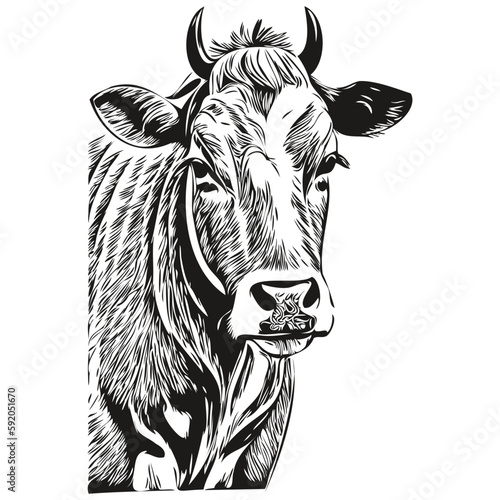 Cute hand drawn cow, vector illustration black and white calf