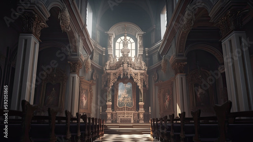 illustration of the interior of a church.