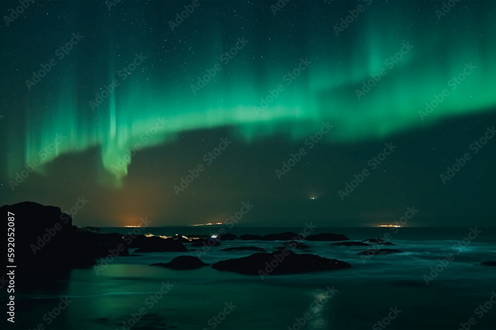 Northern lights reflect on the sea at night Generative AI