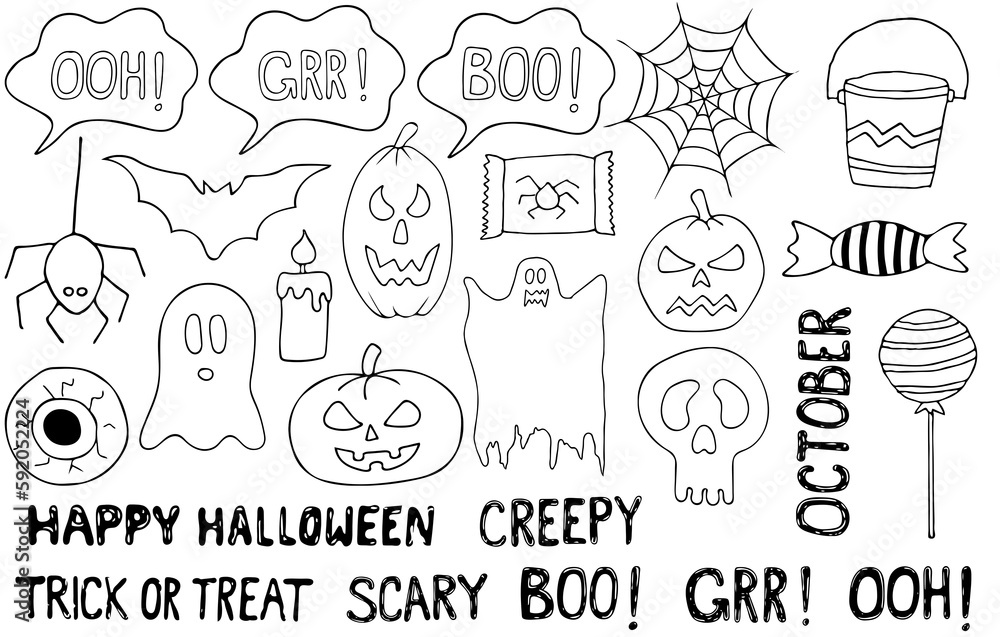 Halloween outline png clipart spider ghost hand-drawn trick or treat pumpkin doodle spooky mode