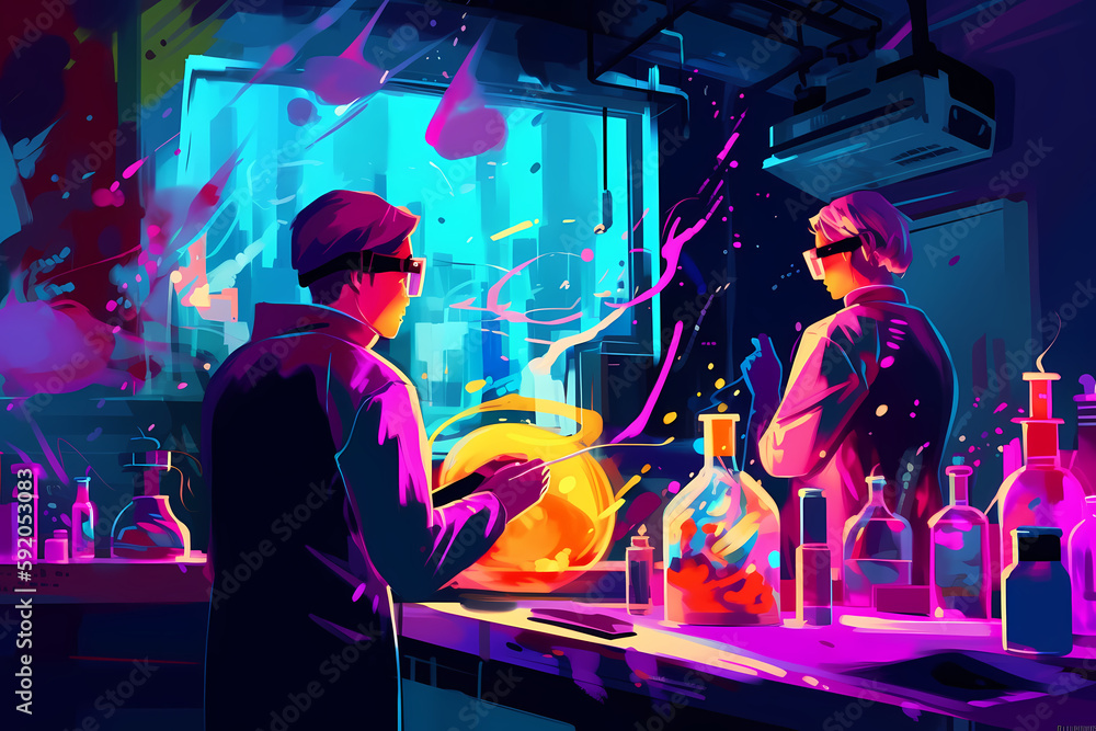 abstract and futuristic artwork of scientists in a laboratory abstract and futuristic artwork of scientists in a laboratory
