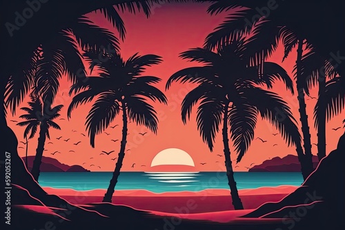 tropical sunset with palm trees. Generative AI
