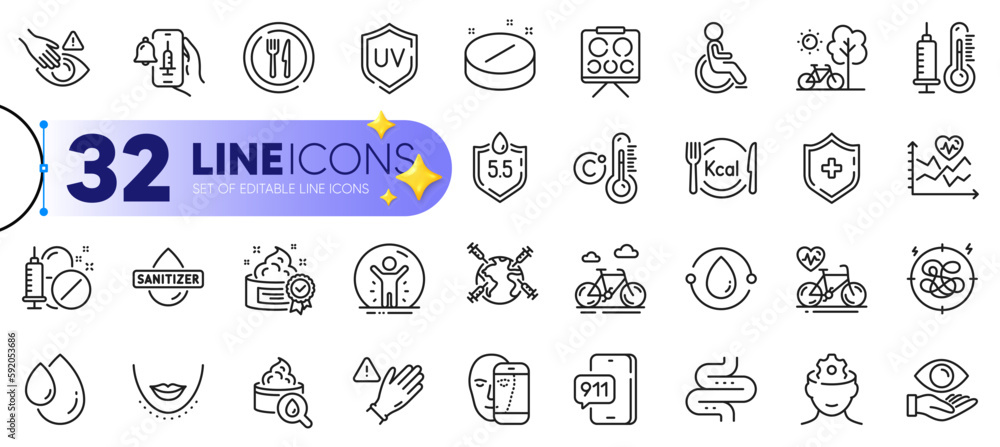 Outline set of Uv protection, Vaccine announcement and Thermometer line icons for web with Ph neutral, Use gloves, Bike thin icon. Calories, Oil drop, Medical tablet pictogram icon. Vector