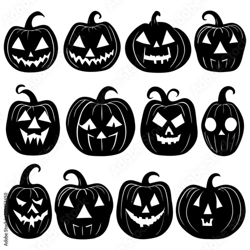 Set of 12 creepy pumpkin vector silhouette for halloween