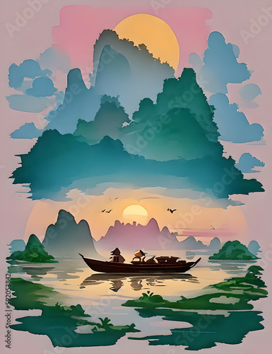 a boat in the river with sunset 