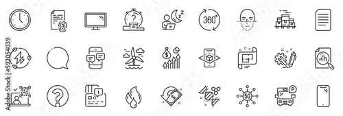 Icons pack as Speech bubble, Monitor and 360 degrees line icons for app include Face recognition, Green electricity, Boxes pallet outline thin icon web set. Time, Document. Vector