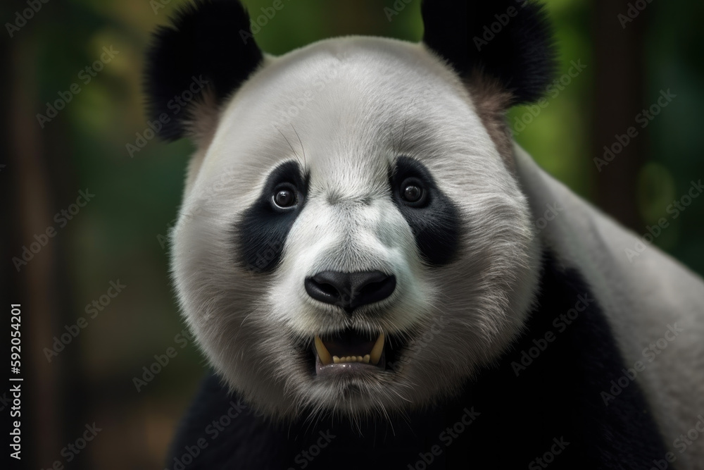 Fototapeta premium Wild panda bear portrait. Beautiful panda face close up. Generative AI