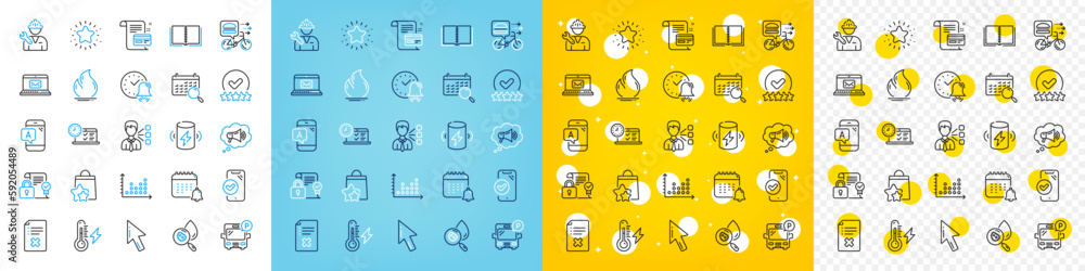 Vector icons set of Bus parking, Online test and Alarm bell line icons pack for web with Reject file, Book, Security contract outline icon. Charge battery, Third party, Repairman pictogram. Vector Vector icons set of Bus parking, Online test and Alarm bell line icons pack for web with Reject file, Book, Security contract outline icon. Charge battery, Third party, Repairman pictogram. Vector