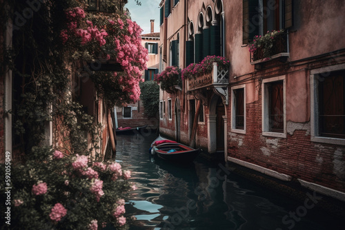 a boat passing through venice houses pink flowers around cinematic Generative AI photo