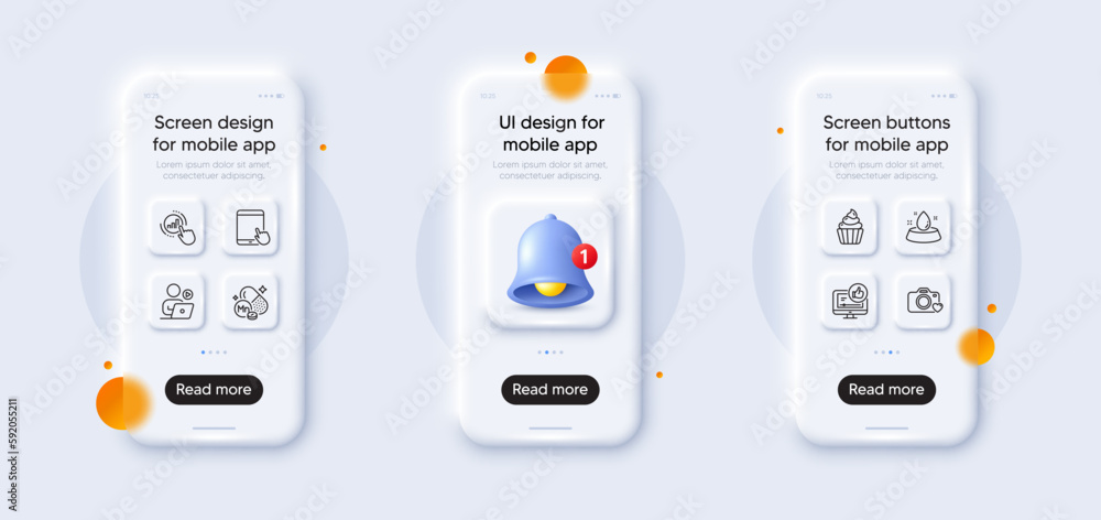 Cupcake, Water bowl and Photo camera line icons pack. 3d phone mockups with bell alert. Glass smartphone screen. Graph chart, Like video, Manganese mineral web icon. Vector Cupcake, Water bowl and Photo camera line icons pack. 3d phone mockups with bell alert. Glass smartphone screen. Graph chart, Like video, Manganese mineral web icon. Vector