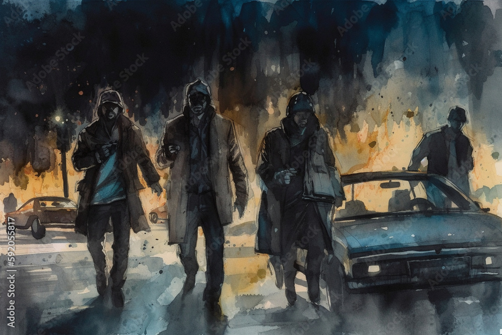 mafias with guns running to the car in the night time watercolour Generative AI mafias with guns running to the car in the night time watercolour Generative AI